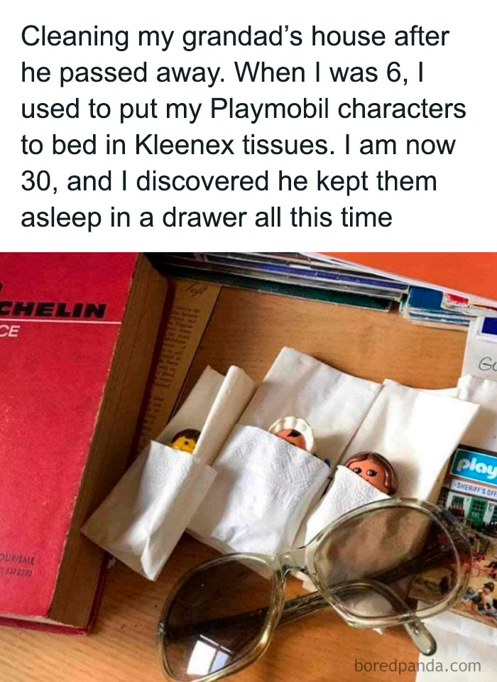 Three Playmobil figures wrapped in Kleenex tissues and placed in a drawer, showcasing crafty ideas from this IG account.