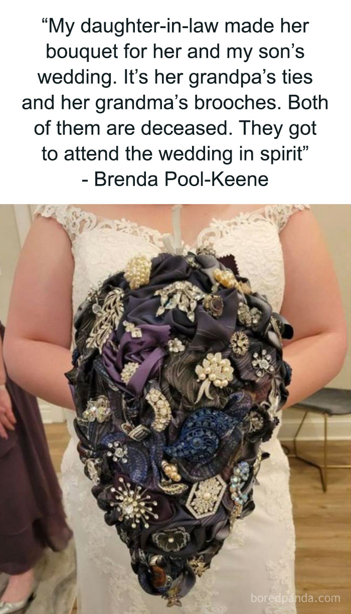 Bride holding a crafty bouquet made from grandpa’s ties and grandma’s brooches in an ingenious crafty idea.