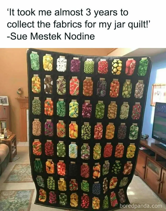 Quilt featuring crafty jar designs with colorful fabric squares, showcasing ingenious crafty ideas and fabric collection effort.