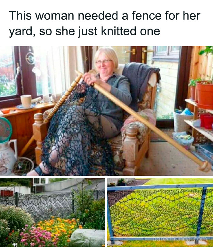 Woman knitting a creative fence for her yard, showcasing ingenious crafty ideas shared on a popular IG account.