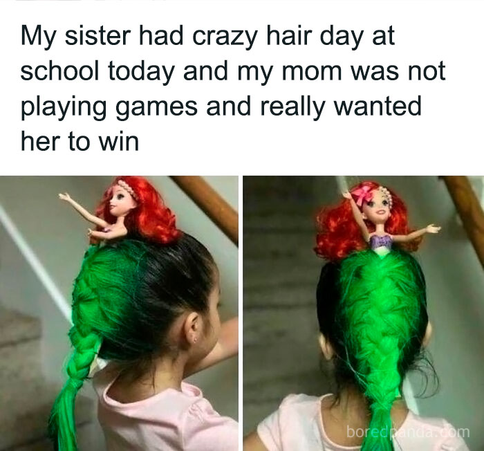 Creative crafty hair idea with a doll integrated into a vibrant green braid for school crazy hair day.
