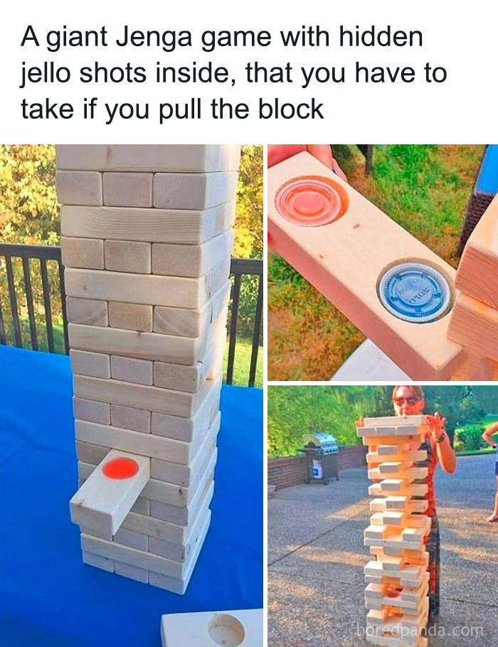 Giant Jenga game with hidden jello shots inside blocks as a crafty idea from an ingenious IG account.