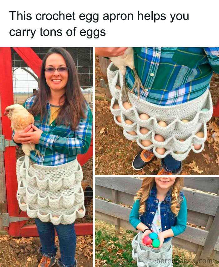 Woman wearing a crocheted egg apron holding chickens and carrying eggs using a crafty and ingenious DIY idea.