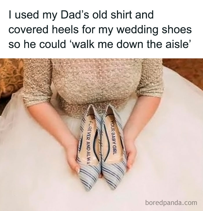 Crafty idea shows wedding shoes covered with an old shirt fabric, a sentimental DIY project from an IG account.