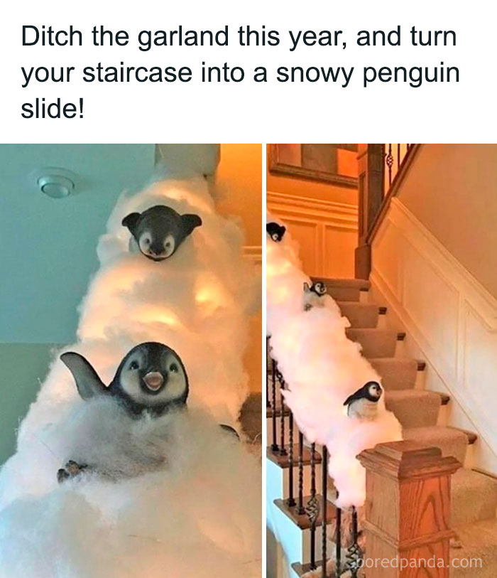 Staircase decorated with snowy crafty ideas featuring cute penguin figures sliding down fluffy white material.