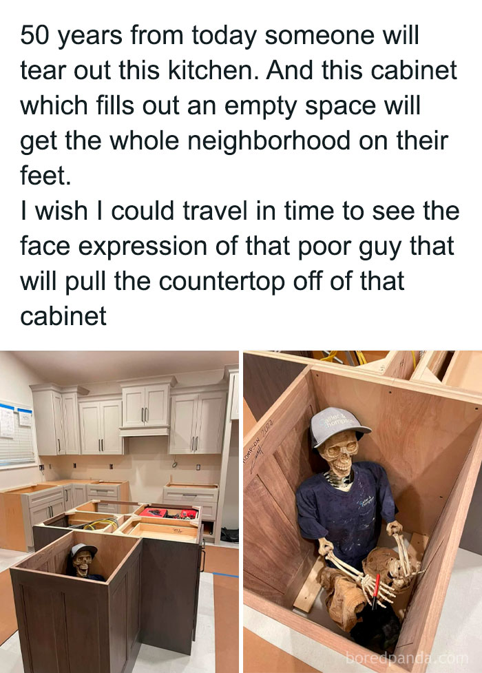 Skeleton dressed as a worker hidden inside a kitchen cabinet, a crafty idea featured on an IG account sharing ingenious crafty ideas.
