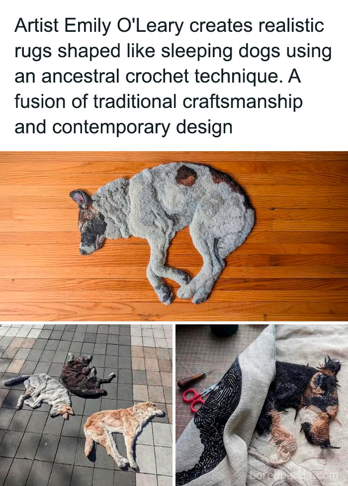 Crochet rugs shaped like sleeping dogs, showcasing ingenious crafty ideas with traditional craftsmanship and contemporary design.