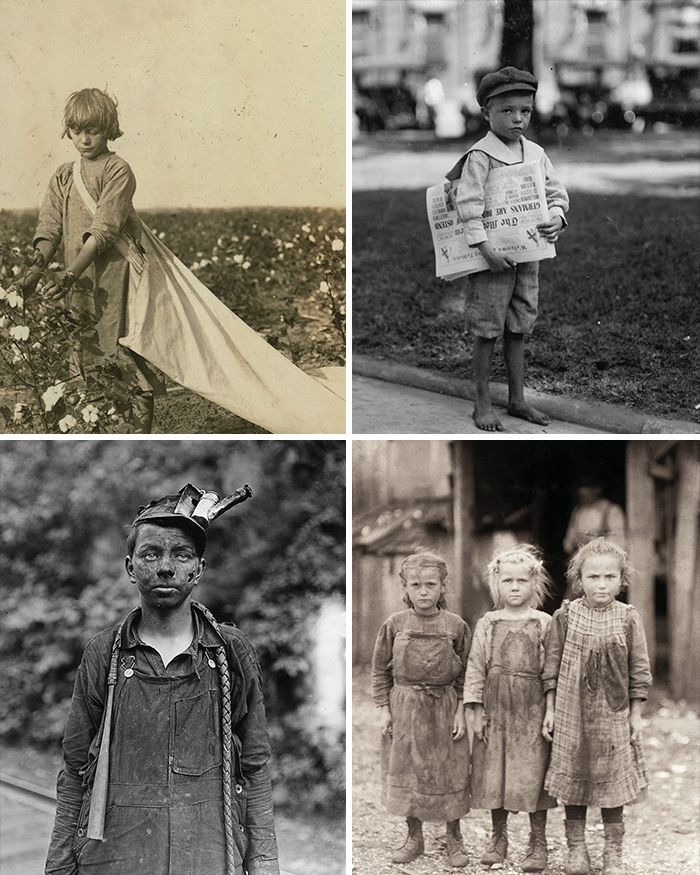 Four black and white vintage photos showing children working, selling newspapers, and living difficult lives in unfamiliar parts of history.