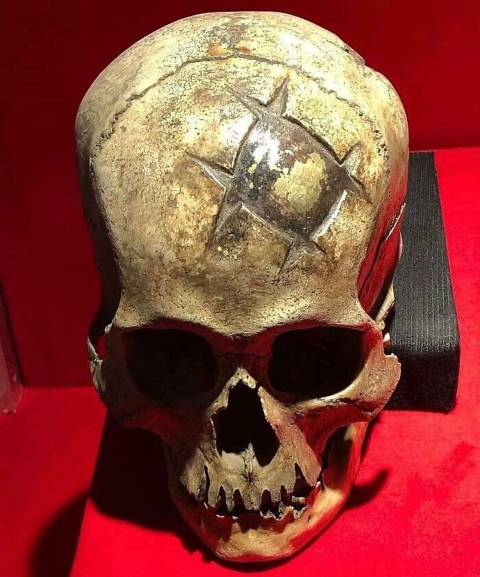 Ancient skull with an unusual star-shaped marking displayed on red background revealing unfamiliar parts of history.