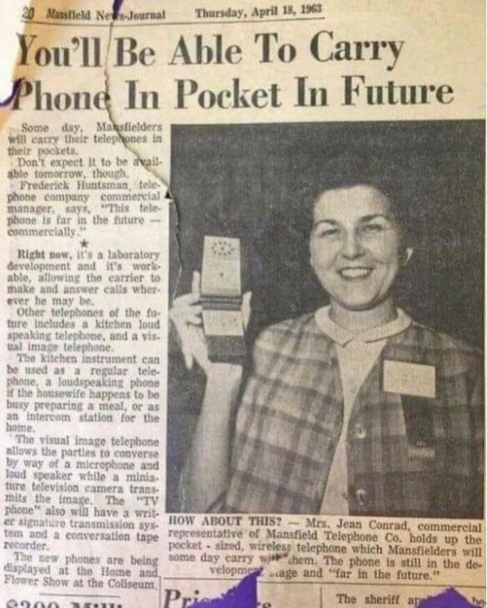 Vintage newspaper clipping showing early wireless phone prototype, highlighting unfamiliar parts of history in technology development.