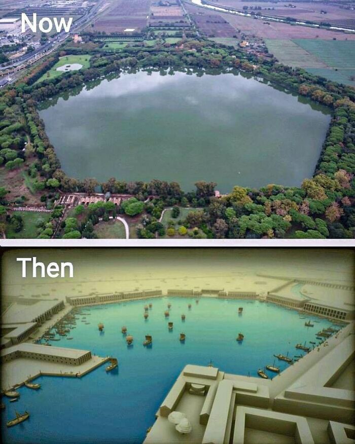 Aerial view of a historical harbor site showing its current appearance compared to an ancient port in unfamiliar parts of history.