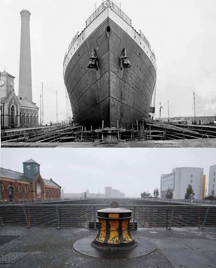 Historic shipbuilding dock before and after restoration, showcasing unfamiliar parts of history through detailed visuals.