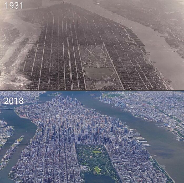 Aerial views of Manhattan in 1931 and 2018 showing unfamiliar parts of history through urban development changes.
