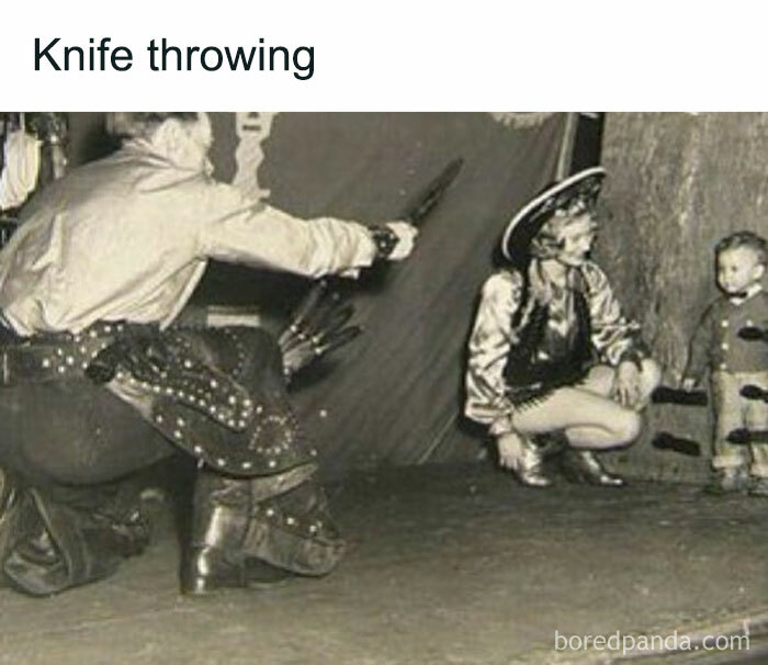 Vintage black and white photo of a knife throwing act, illustrating creepy facts to deprive somebody of sleep.