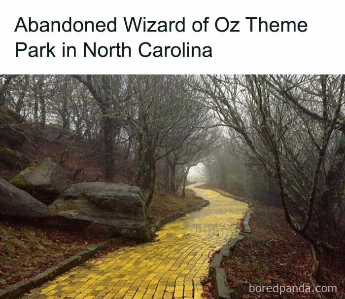 Abandoned yellow brick road at Wizard of Oz theme park in North Carolina, creepy and eerie scene for creepy facts and pics.