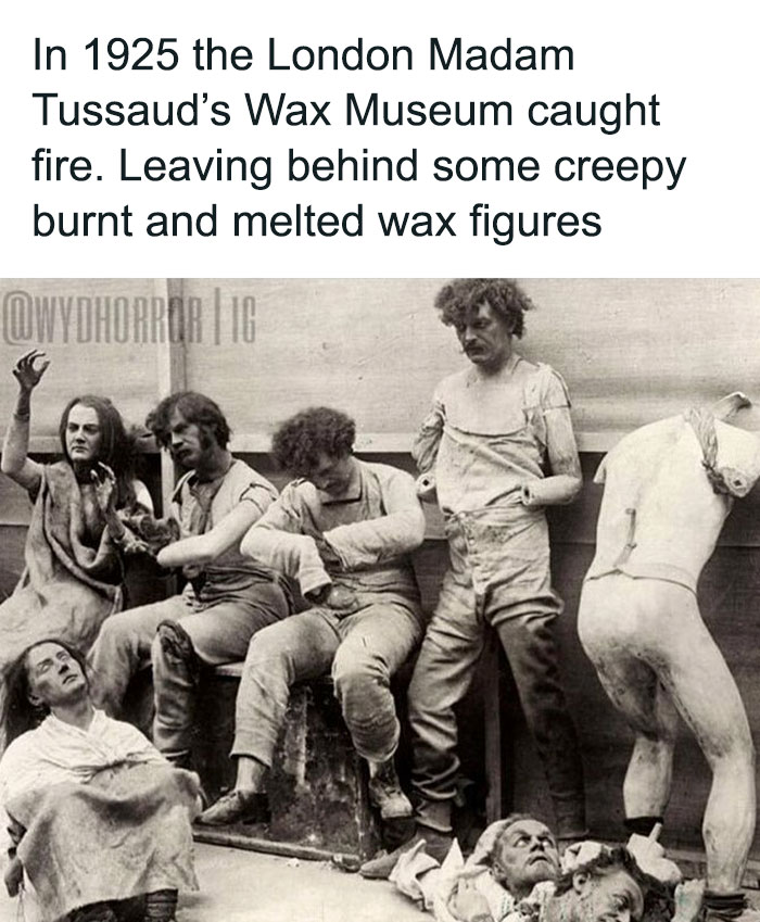 Burnt and melted wax figures from 1925 London Madam Tussaud’s fire, showing creepy distorted shapes and faces.
