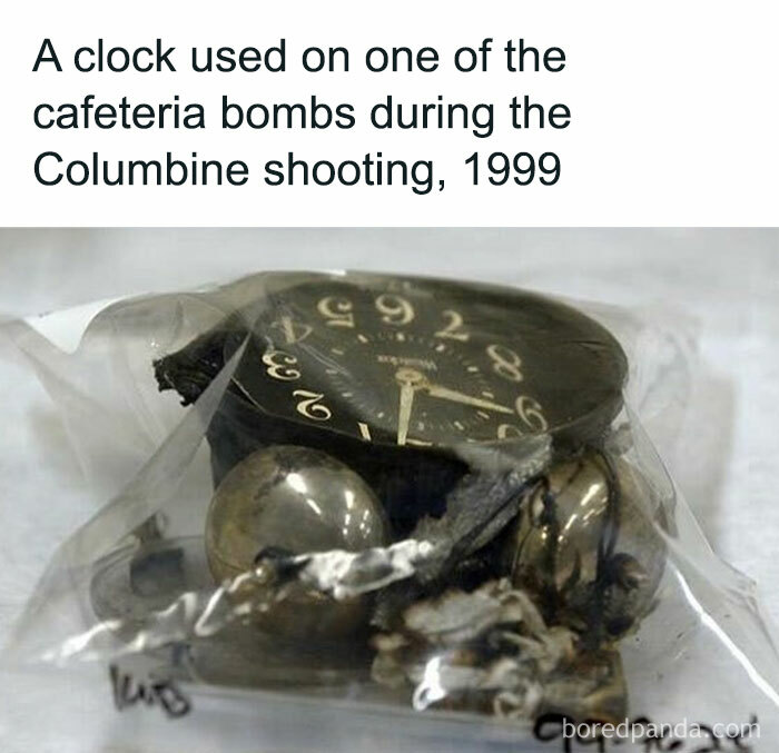 Old broken clock used in Columbine shooting cafeteria b**b, shown in a clear evidence bag with metal parts visible, creepy facts insight.