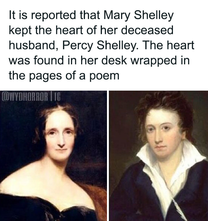 Portraits of Mary Shelley and Percy Shelley with creepy fact about her keeping his heart wrapped in a poem, creepy facts image.