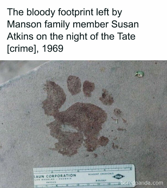 Bloody footprint evidence from 1969 Tate crime scene linked to Manson family, featured in random creepy facts and pics.