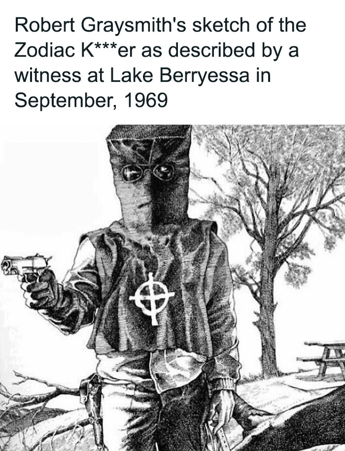 Sketch of the Zodiac Killer with a hood and glasses holding a gun, featured in creepy facts and pics collection.