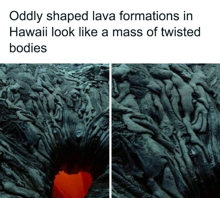 Creepy lava formations in Hawaii resembling twisted human bodies, creating an eerie and unsettling visual effect.