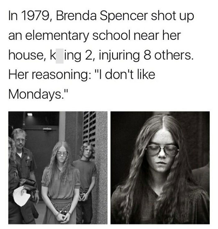 Black and white photos of Brenda Spencer in handcuffs with police, related to creepy facts and disturbing events.