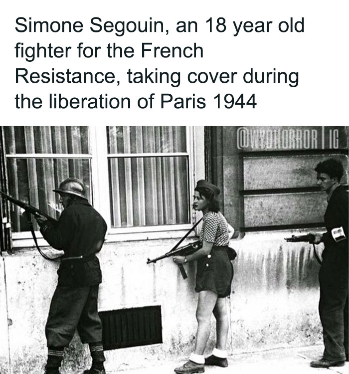 Black and white photo of Simone Segouin, an 18-year-old French Resistance fighter, taking cover during Paris liberation, creepy facts.