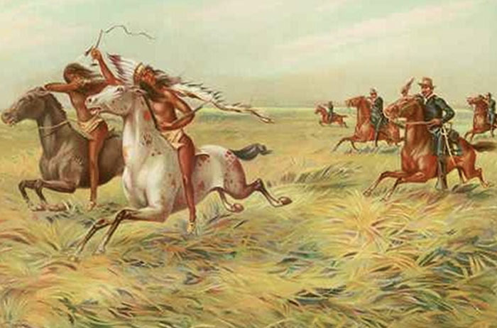 Native Americans on horseback hunting buffalo with bows and arrows, illustrating new facts about history and culture.