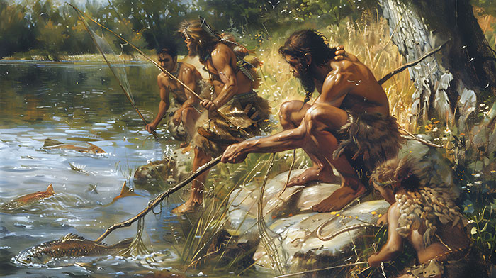 Ancient people fishing by a river using spears, illustrating new facts about early human survival methods.