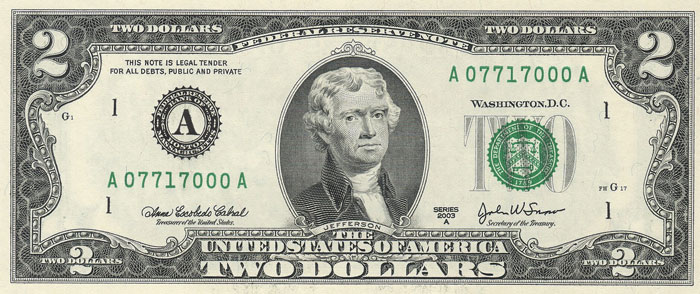 US two-dollar bill featuring Thomas Jefferson, illustrating unique historical facts and currency design details.