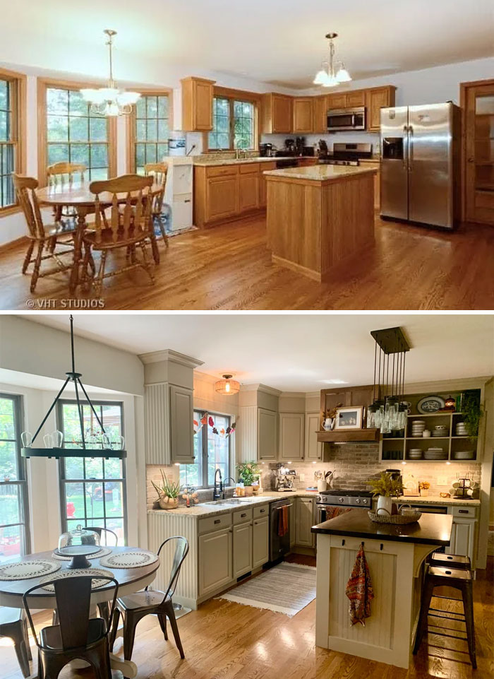Two beautifully decorated kitchen corners with dining areas showcasing people’s proud home decorating styles.