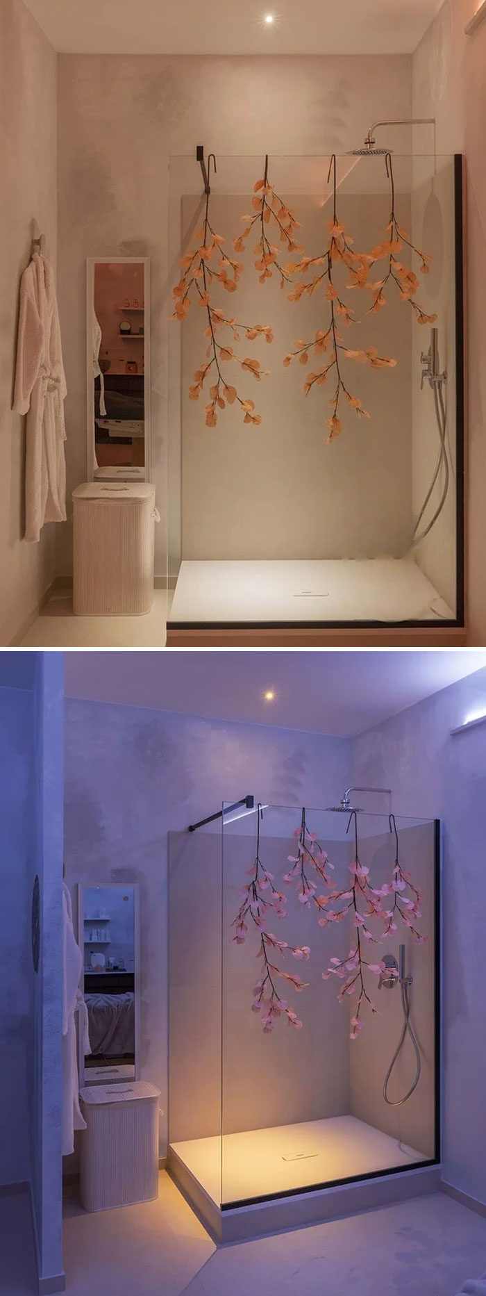 Minimalist bathroom corner with decorated shower area featuring hanging branches and soft ambient lighting in home decor.