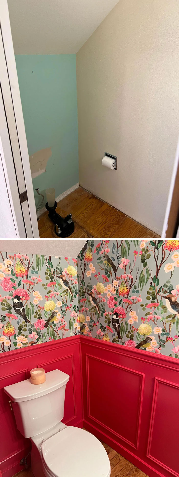 Before and after photos showing a bold home corner transformation with vibrant floral wallpaper and red wainscoting decor.