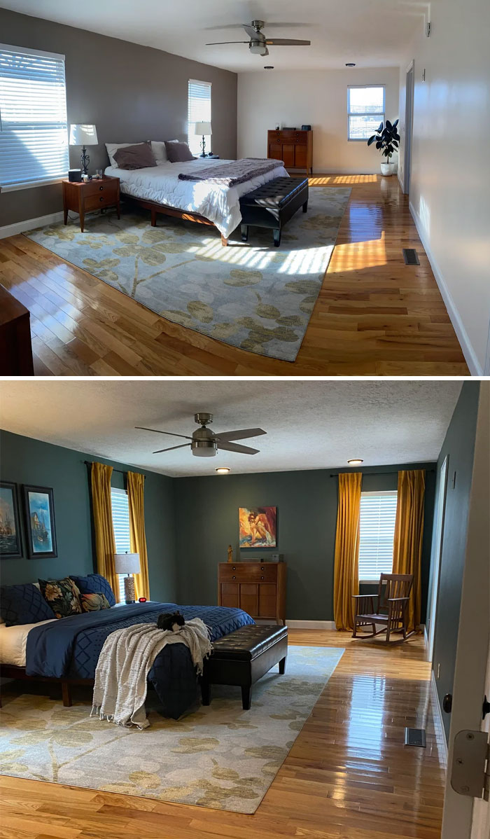 Two styled bedrooms showcasing home decorating with cozy furniture, curtains, and lighting highlighting proud decorated corners.