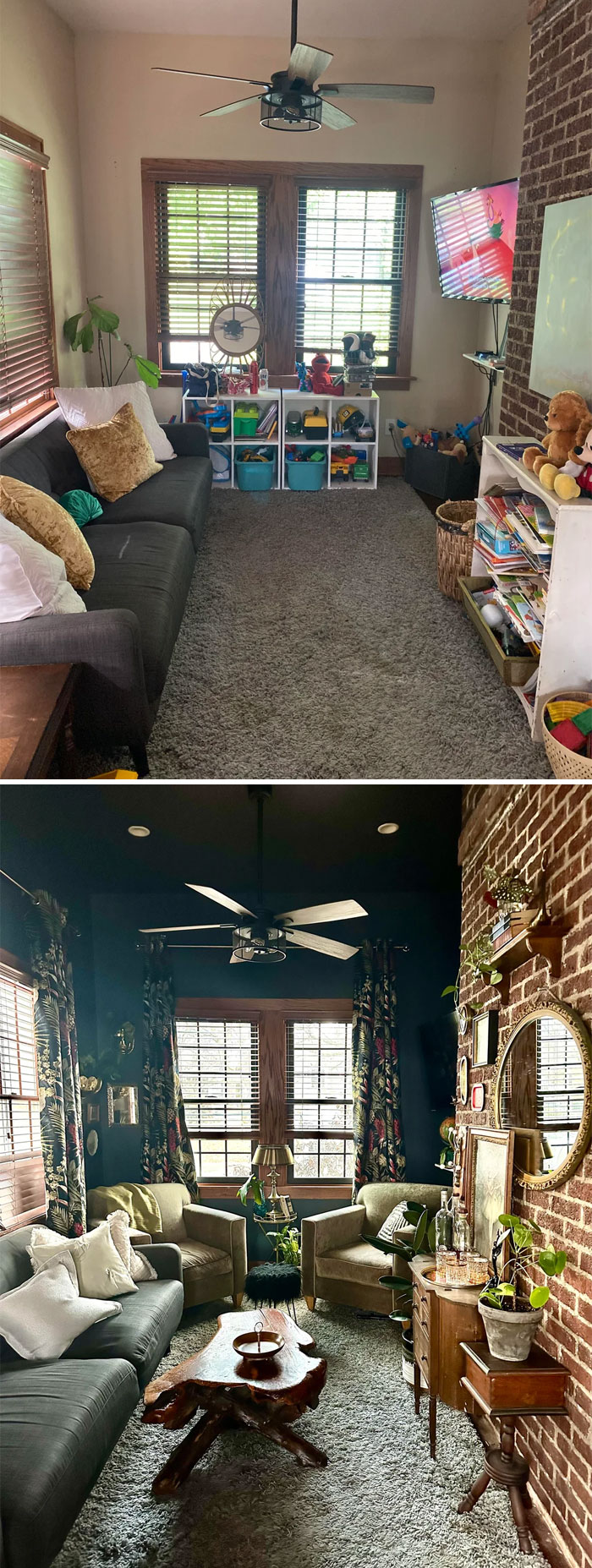 Cozy living room corners with decorated shelves, plants, and seating areas showcasing proud home decorating ideas.