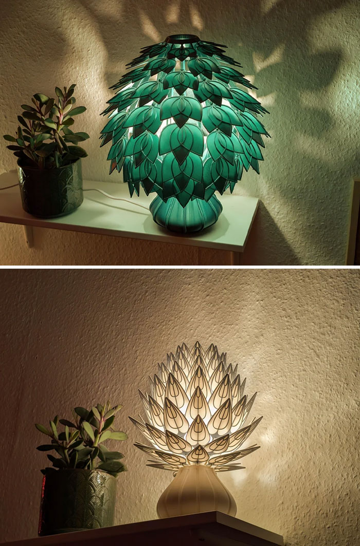 Decorative home corners featuring unique leaf-inspired lamps and potted plants showcasing proud home decorating ideas.
