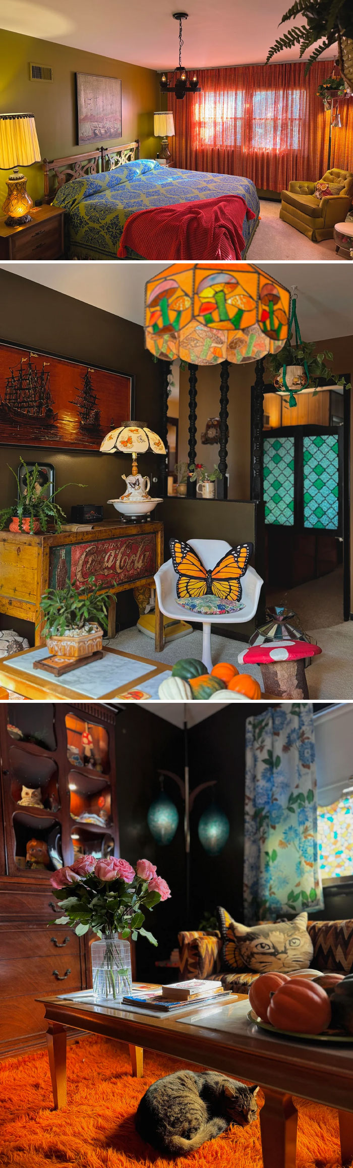 Cozy home corners decorated with vintage furniture, colorful textiles, plants, and warm lighting creating inviting spaces.