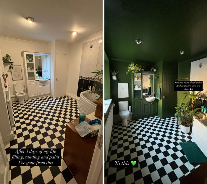 Bathroom corner before and after decorating with green walls and plants, showcasing home decorating pride.