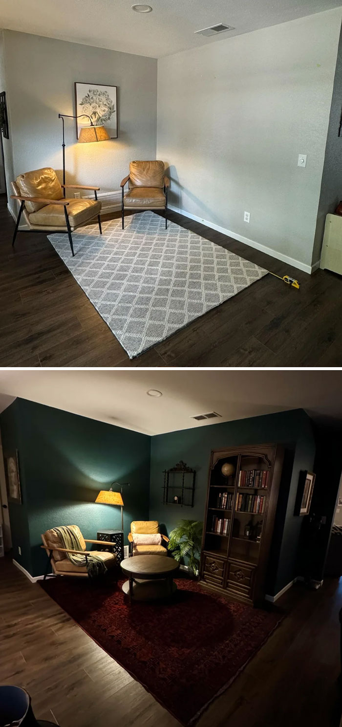 Cozy home corners with decorated seating areas featuring leather chairs, rugs, lamps, and wall art.