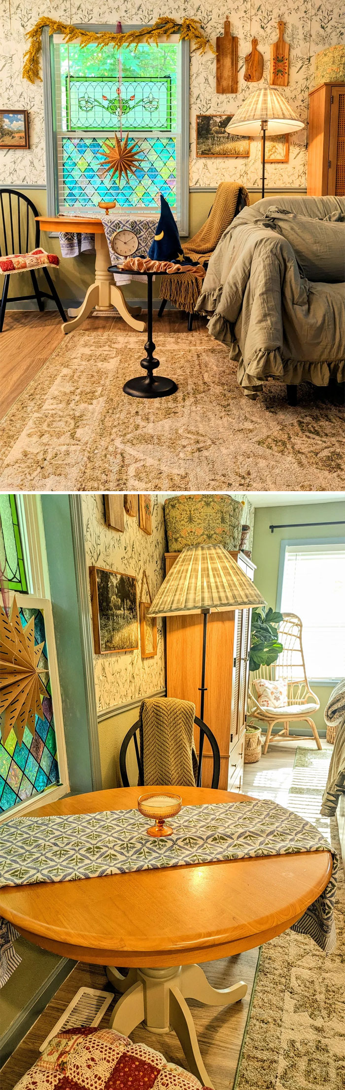 Cozy decorated corner in a home with vintage stained glass windows, patterned rug, and rustic wooden furniture.