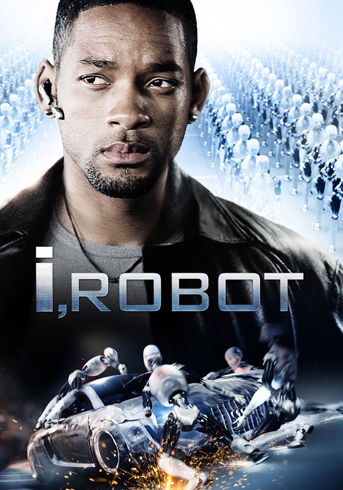 Will Smith in iRobot movie poster with robots and action scene, related to Will Smith co-actor publicity claim.
