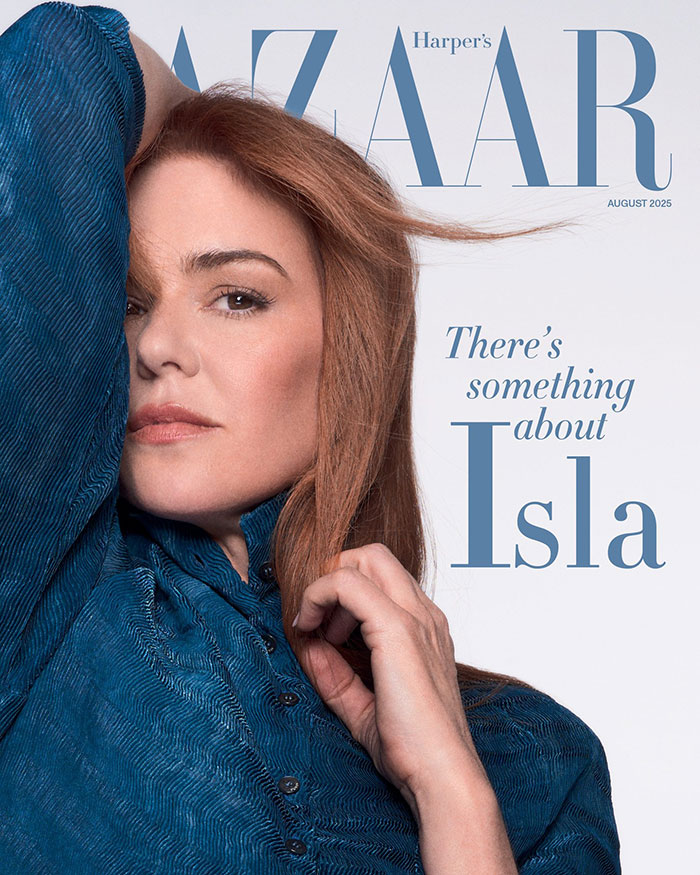 Isla Fisher posing in a blue outfit for Harper's Bazaar cover, addressing tough couple of years amid split with Sasha Baron Cohen. - 4