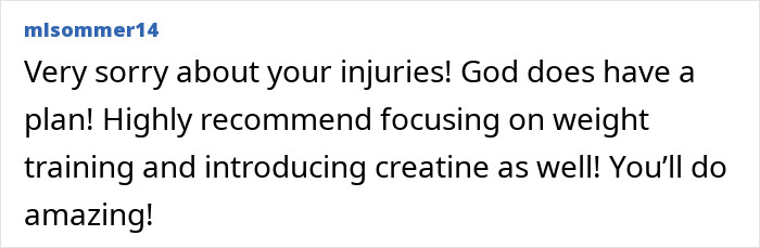 Screenshot of a comment expressing support and fitness advice related to recovery from injuries after an accident.