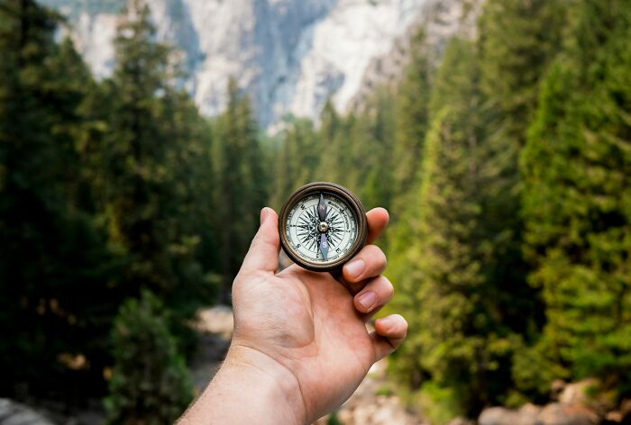 Hand holding a compass in a forest landscape, symbolizing tiny human mistakes that changed history forever.