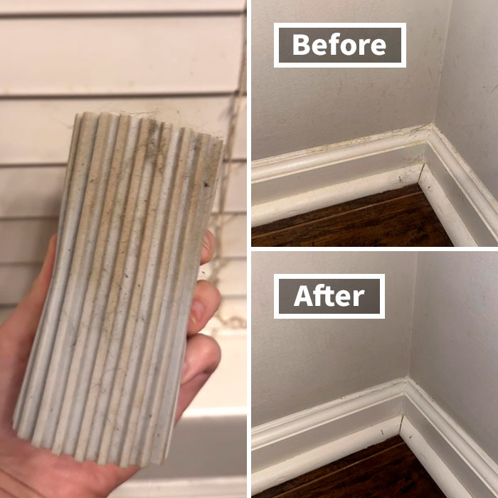 Hand holding a dirty cleaning tool next to before and after photos of baseboard cleaning for effort-saving cleaning hacks.