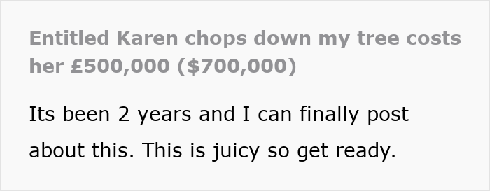 Text showing a message about an entitled Karen who chopped down a neighbor’s tree and faced a six-figure fine. Text showing a message about an entitled Karen who chopped down a neighbor’s tree and faced a six-figure fine.