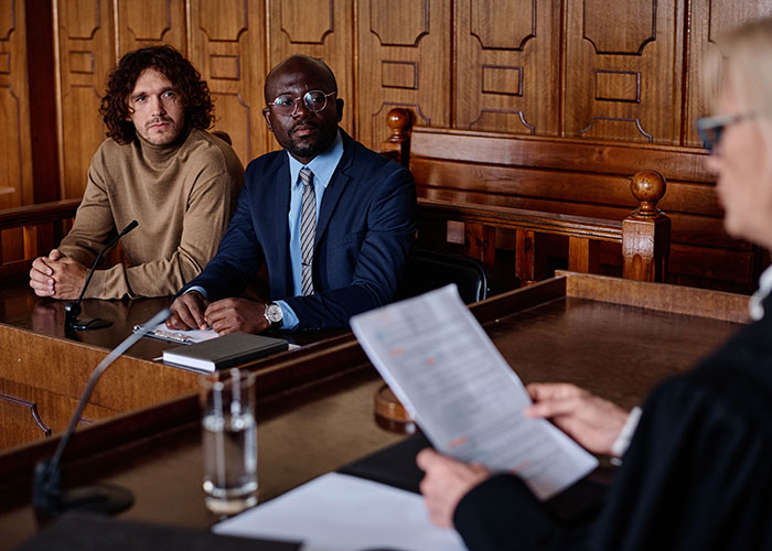 Two men listening attentively during a legal hearing about a neighbor’s trees dispute in a courtroom setting. Two men listening attentively during a legal hearing about a neighbor’s trees dispute in a courtroom setting.