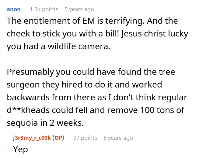 Screenshot of a Reddit conversation discussing a neighbor cutting down large trees and related entitlement and fines. Screenshot of a Reddit conversation discussing a neighbor cutting down large trees and related entitlement and fines.