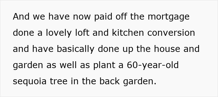Text about paying off mortgage, home renovation, and planting a 60-year-old sequoia tree in the garden. Text about paying off mortgage, home renovation, and planting a 60-year-old sequoia tree in the garden.