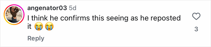 Comment on TikTok by user angenator03 with crying emojis discussing a repost related to Jeffrey Dean Morgan theory.